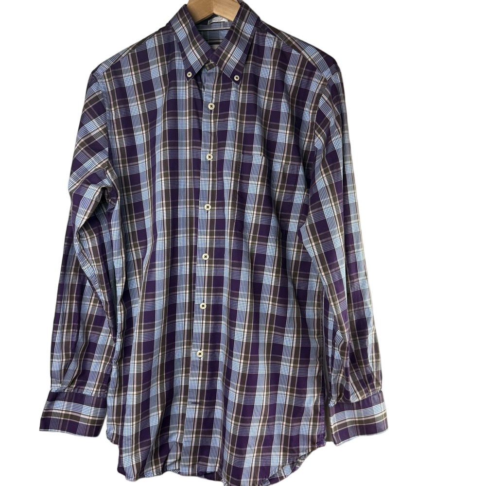 Peter Millar Sport Shirt M Long Sleeve Plaid Purple Blue Casual Dress Preppy